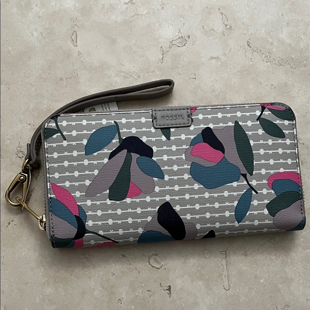 NWT! Fossil Women's Floral Pattern Wristlet - Gray and Pink